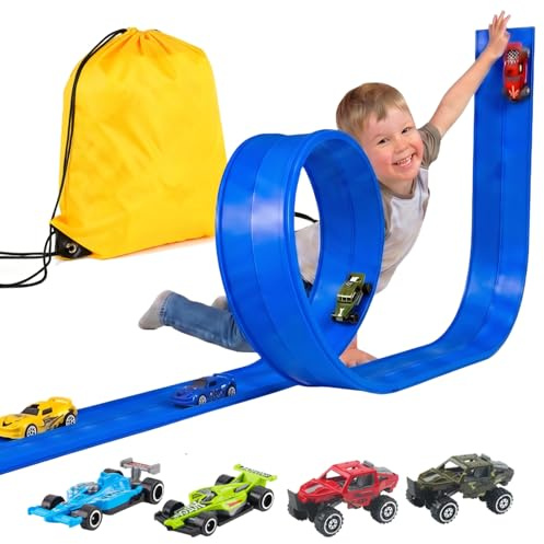 Kosmoflux Autorennbahn Flexible Rennstrecke mit 4 Autos & Tragtasche – Soft Rennbahn Spielzeug für Kinder ab 3 4 5 6 Jahre, Rollt Auf Tragbare Autobahn Geschenk für Indoor/Outdoor, Blau