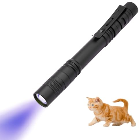 Lubgitsr Linterna UV de 365 nm, linterna ultravioleta con clip de alta pureza UV, pequeña luz ultravioleta alimentada por 2 pilas AAA (incluidas), detector de luz negra para orina de mascotas en