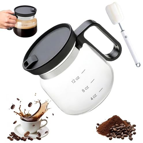 Kenmohuo 16 oz Glass Coffee Mugs, Pot Shaped Drinking Cups with Handle and Travel Lid, Heat Resistant, Spill Proof, Novelty Coffee Pot Mug for Tea Hot Chocolate Milk Lemonade with Soft Bottle Brush