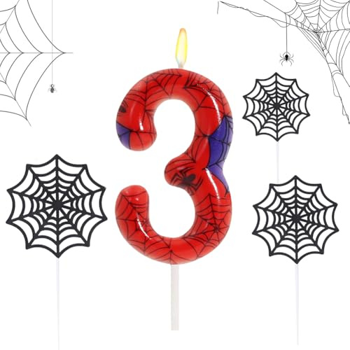 Spinnennetz Geburtstagskerzen Zahlen 3,Kerze 3 Zahlen,Geburtstag Kerzen Für Kuchen Thema Party Deko-9.2CM
