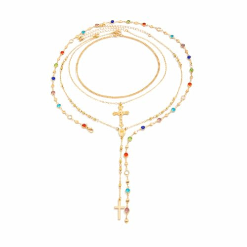 Muorruo 4-Piece Layered Gold Cross Necklace Set for Ladies, Trendy Bohemian Beads, Y-Pendant, Vintage Rosary Necklace, Stackable, Length Adjustable