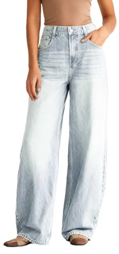 KBOPLEMQ Jean baggy pour femme - Pantalon en denim délavé - Look usé - Jean pour fille - Jambes larges - Avec élastique - Vintage - Pantalon Boyfriends - Pantalon d'extérieur large - Taille haute