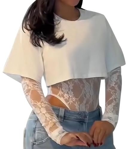 Maglietta Trasparente Donna Curvy Elegante Sottogiacca Pizzo Aderente Manica Lunga Maglia Pizzo Sexy Elasticizzato Mesh Top Girocollo Cerimonia Blusa In Rete Feste Camicia Velato T-Shirt In Tulle