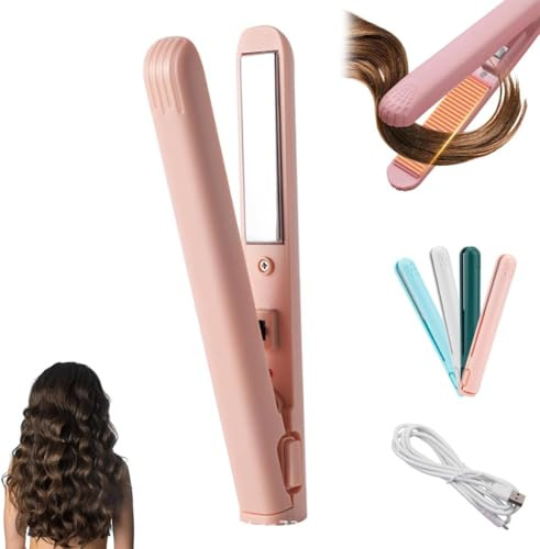 Mini Lockenstab, Tragbarer USB Lockenstab, Mit Heißschutzgehäuse, Tragbarer Reise Haarglätter Für Alle Haartypen,Haarglätter Für Kurze Haare (Rosa)