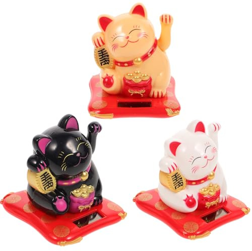 Beavorty 3 Stück Solar Winkekatzen Figuren Kleine Tischdekoration aus Kunststoff Umweltfreundliche Schreibtisch Deko Energiesparende Maneki Neko für Zuhause und Auto