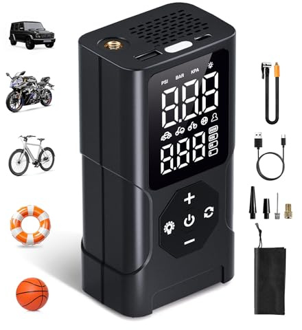Elektrische Luftpumpe,Mini Tragbarer Luftkompressor Fahrradpumpe Elektrisch 150PSI 4500mAh Akku Kompressor mit LED und LCD Echtzeit-Reifendrucküberwachung Geeignet für Fahrräder Autos Motorrad Bälle