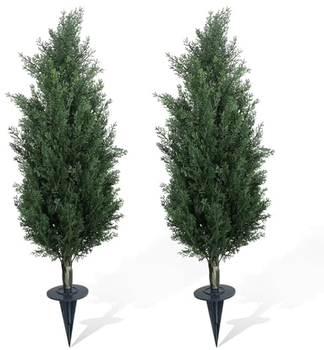 2 Pcs 70cm Artificial Cedar Topiary Trees Outdoor UV Resistant with Ground Spike, Realistic Faux Cypress Plants for Garden Patio Yard Indoor Decor