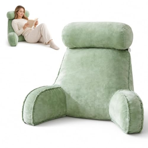 MeYxuxg Extra Großes Lesekissen für Bett und Sofa, 75x55CM rückenstützkissen Sofa mit Abnehmbarer Nackenrolle und Armen,Ergonomisches Sitzkissen mit Rückenlehne zum Fernsehen,Lesen, Spielen(Grün)