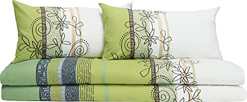 Erwin Müller Bettwäsche, Bettgarnitur Fein-Biber Blumen 4-TLG Sparpaket Pistazie Größe 40x80 cm / 155x220 cm - hautsymphatisch, bügelleicht, mit Marken-Reißverschluss