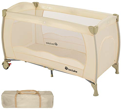 tectake® Babyreisebett, Kinderreisebett, Reisebett höhenverstellbar mit Reisebett Matratze und Transporttasche, Babybett, Reisegitterbett, tragbares Beistellbett Baby 126 x 65 x 80 cm - beige