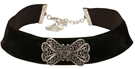 Alpenflüstern Trachten-Samt-Kropfband Ornament-Schleife - nostalgische Trachtenkette enganliegend, Kropfkette elastisch, Damen-Trachtenschmuck, Samtkropfband breit schwarz DHK207