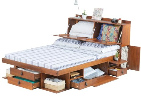 Bett und Kopfteil mit viel Stauraum 160x200 Karamell – Massivholzbett Bali mit Bettkasten & Lattenrost – Ideal für kleine Schlafzimmer – Praktisch, robust & stilvollles Design