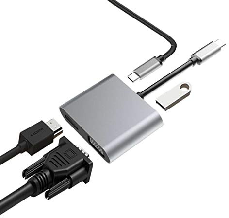 4 in 1 Typ C USB-Hub, Doppelbildschirm, USB C auf 4K HDMI, VGA-Adapter und USB-3.0-Ladung für MacBook Pro/MacBook Air/iPad Pro/Samsung Galaxy S9 S10 / Dell XPS/ChromeBook/Laptop HP