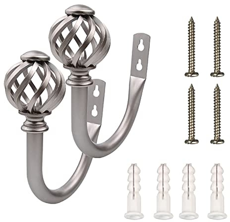 ANCLLO Lot de 2 attaches pour rideaux - Crochets - Attaches - Embrasses - Supports pour rideaux de draperie, métal mural argenté