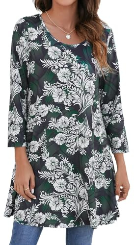 Enmain Tunique Femme Longue Chic et Elegant Tunique Femme Grande Taille Manche Longue Paisley Tuniques Fleurie Femmes à Manches 3/4 col Rond pour Automne Hiver L