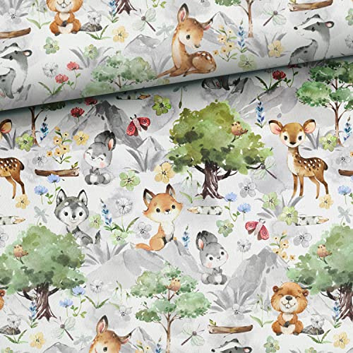 50x150cm Waldtiere Tiere Baumwollstoff für Kinder - Kinderstoffe & Babystoffe aus 100% Baumwolle - Premium Stoffe für Kinder & Baby zum Nähen - keine Meterware - Reh Fuchs Hase - Miniliebe