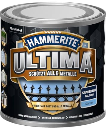 Hammerite Ultima Glänzend, Metallschutzlack, Hochwertiger Schutzlack für alle Metalle im Außenbereich, Saphirblau RAL 5003, 250 ml