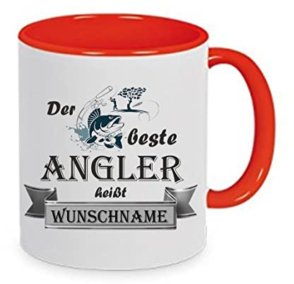 Crealuxe Kaffeetasse - Der Beste Angler heißt (Wunschname) - Spruchtasse, Bürotasse, bedruckte Keramiktasse, Tasse mit Spruch, Hochwertige Kaffeetasse, Tasse personalisiert (Rot)