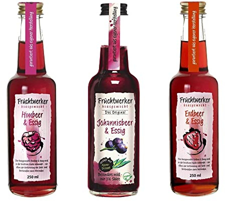 Fruchtwerker Set vinaigre et fruits I Différentes variétés I Fruité I Vinaigre de fruits I Set vinaigre I Pur végétal I Sucré I Dans des bouteilles en verre (groseille + fraise + framboise)