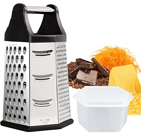 KAYCROWN Box Grater, Stainless Steel with 6 Sides, Cheese Grater & Shredder Best for Parmesan Cheese, Vegetables, Ginger, Citrus Lemon Zester, XL Size Includes Storage Container, Silver