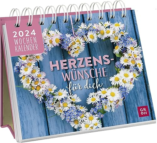Mini-Wochenkalender 2024: Herzenswünsche für dich: Tischkalender mit Wochenkalendarium zum Aufstellen mit lieben Wünschen
