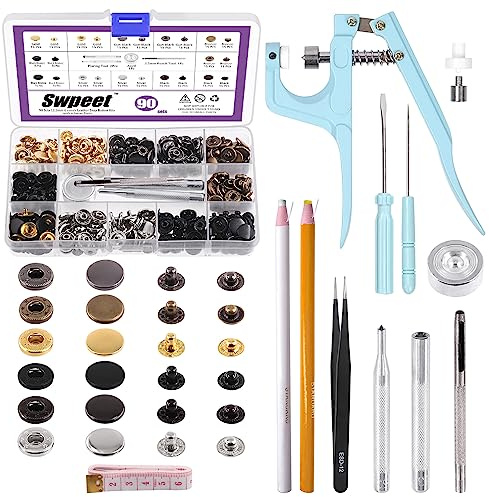 Swpeet Leather Snap Fasteners Kit 90 Set di chiusure a scatto in pelle e pinze a scatto da 12,5 mm, con 4 accessori di fissaggio, chiusure a scatto in pelle