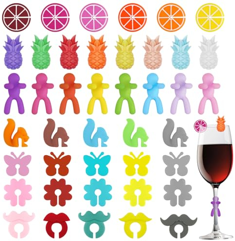 Furuising 42Pcs Wine Glass Charms, Silicone Wine Glass Markers, Reusable Party Reception Glass Identifiers, Wine Accessories Mark for Party