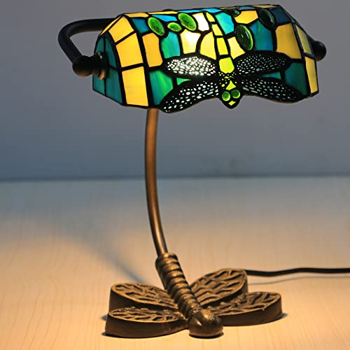 AIBOTY Banker Lampe Tiffany Schreibtischlampe grün orange lila blau Libelle Stil Glasmalerei Tischlampe, verstellbare Luxus Speicher Klavierlampe 10 hoch für Bibliothek Wohnzimmer,Gelb
