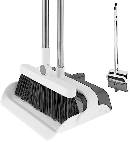 Long Handled Dustpan and Brush Set, Broom and Dustpan with 95cm Adjustable Handle,180 Degree Rotating Sweeping Brush,Household Dust pan with Double Scraper Teeth for Home Office Dorm Kitchen