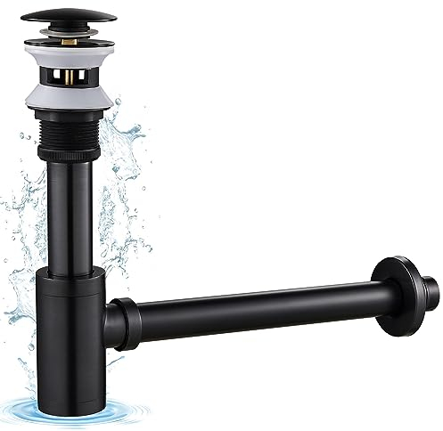 KINKIBOS Designer Siphon with Pop-Up Valve Drain Fitting for Sink Black Retro Siphon 1 1/4 Inch Brass Drain Fitting Drain for Bathroom Odour Trap Includes Seals