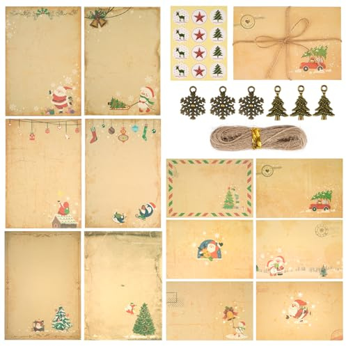 Weihnachts Briefpapier mit Umschlag Set | 12 Blätter Briefpapier Vintage,6 Briefumschläge,10m Hanfseilen, 6 Weihnachtszubehör,12 Aufklebern