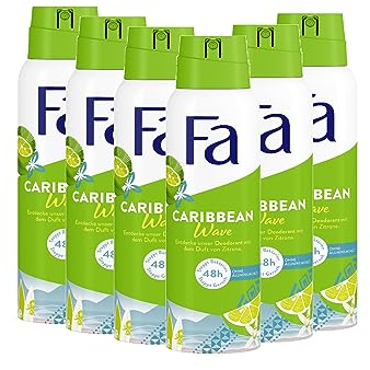 Fa Desodorante en spray Caribbean Wave con el exótico aroma fresco de limón, 48 h de protección, 6 x 150 ml