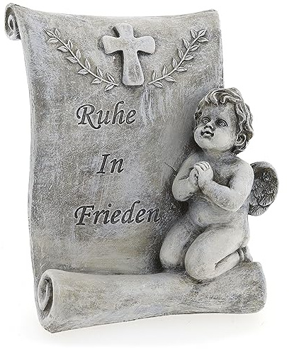 WB wohn trends Grab-Spruch XXL, Ruhe In Frieden, Deko-Schriftfrolle mit Engel, Winterfest, 22x18x13cm, Figur für Grab Trauer