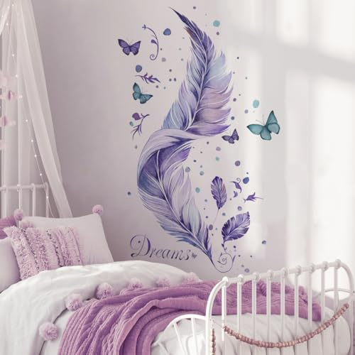 Runtoo Feathers Wall Decal Purple Butterfly Wall Art Stickers Feather Window Clings Bedroom Living Room Home Decor
