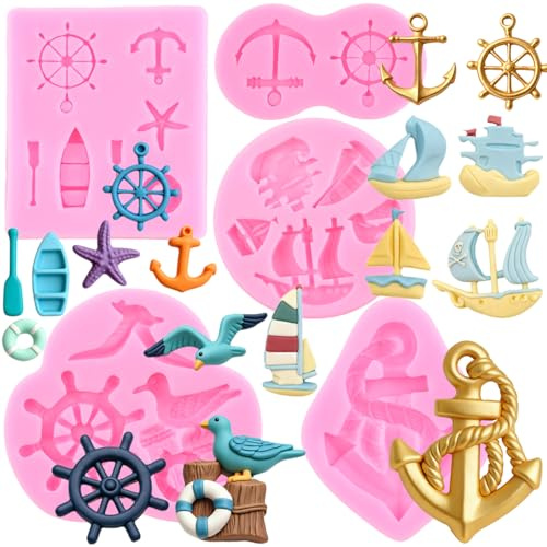 RFGHAC Anker und Ruder Fondant Formen Möwe Segelboot Haken Silikonform Seeruder Rettungsring Süßigkeitenform für Kuchendekoration Cupcake Schokolade Süßigkeiten Gummipaste Basteln Polymer Clay 5 Stück