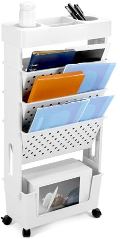 QWORK® Mobiler Bücherregal, weiß, Mobiler Aufbewahrungswagen mit Rollen, Multifunktionales Organisation Regal
