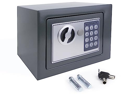 Coffre-fort avec 2 clés et serrure électronique - Coffre-fort mural ignifuge étanche en acier ferreux - Coffre-fort pour affaires - Argent liquide/bijoux/objets de valeur - 4,6 l - Gris