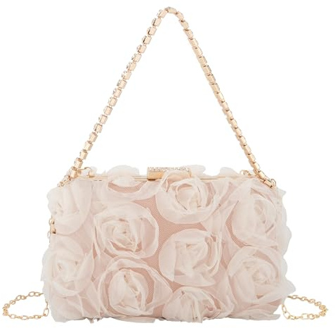 MilyaDE Damen Clutch Blumen Elegante Brauttasche Hochzeit Party Kleidertasche Abendtasche Handtasche mit Kette Kiss Lock