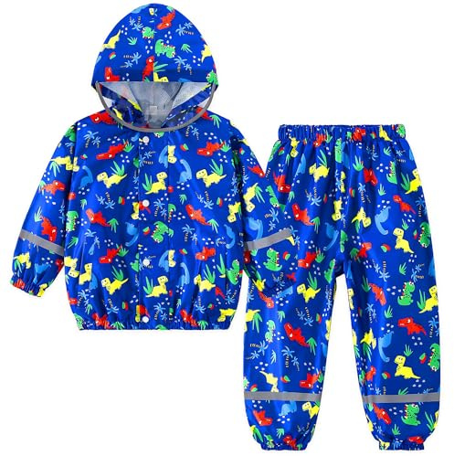 Domueay Regndräkt barn flickor pojkar vattentät regnjacka och regnbyxor andas lätt regnkläder huva tvådelad regndräkt unisex regnset för småbarn baby 1–7 år, 86–122, Marinblå, 3-4 År