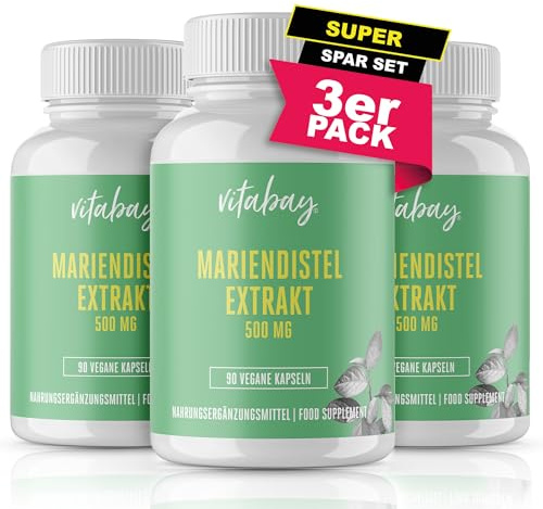 Vitabay Mariendistel Extrakt – 500 mg, 270 vegane Kapseln | mit 80% Silymarin, laborgeprüft, ohne Zusatzstoffe