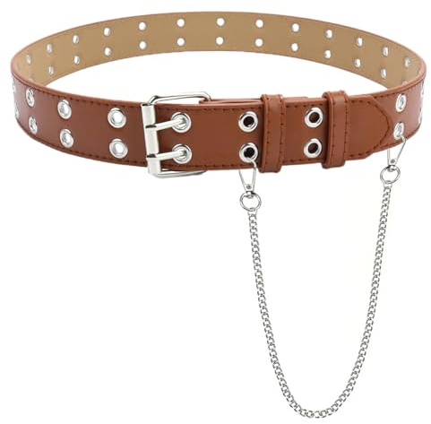 NiceYnn Verstellbarer Gürtel aus PU-Leder, für Mädchen, Jungen, Doppelnadel, Löcher, Punk-Stil, für Weihnachten, Party, Schule, Kostüm, Braun mit Kette, Longueur 89cm
