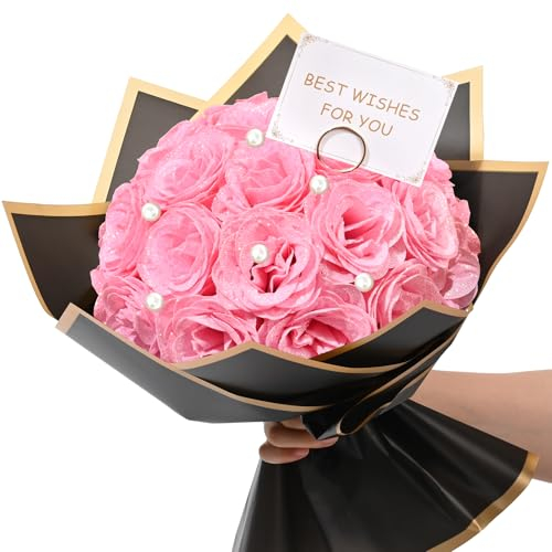 Waipfaru Ramo de rosas con purpurina rosa, ramo de flores falsas para bricolaje, ramo de rosas artificiales para San Valentín, aniversario, compromiso, boda, regalos del día de la madre, 24 rosas