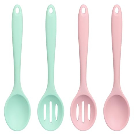 4 Pcs Silicone Cooking Spoon, Set Heat-Resistant Slotted Spoons | Nonstick Kitchen Spoon, Large Serving Spoons for Baking Mixing Draining Stirring Tools (Pink and Green)
