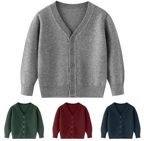 Kunyeah Cárdigan de Punto para niños y niñas, suéter de algodón Soild para niños, Cuello en V, Manga Larga, Ropa de Abrigo para niños de 3 a 7 años (FR/ES, Edad, 3 años, Regular, Gris)