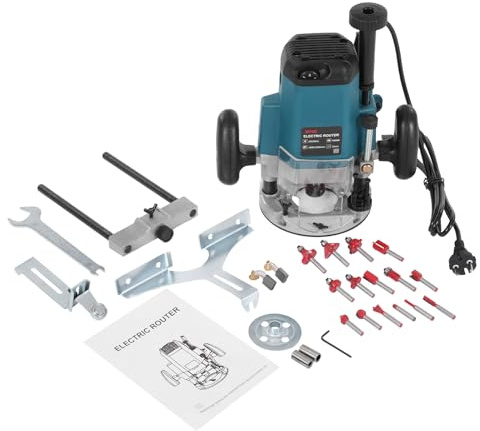 Elektrischer Holz Trimmer Oberfräse mit 15 Fräsmesser, 3 Spannzangen 2200 W 23000 RPM 6 einstellbare Geschwindigkeiten präzise Skala, Tiefenbegrenzungsblock