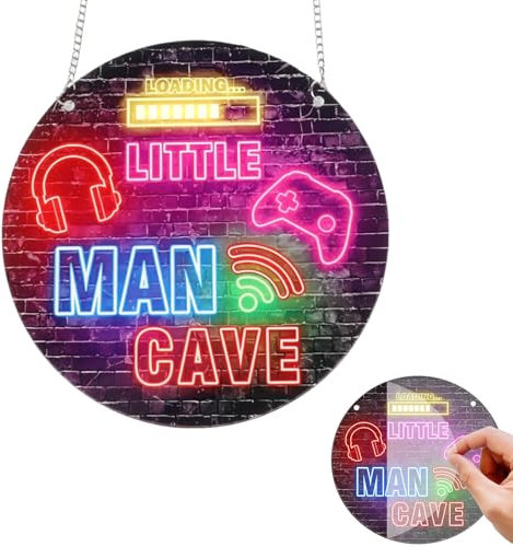 dinghaole Neon Little Man Cave Sign, Wooden Neon Gaming Signs for Boys Room, Gaming Wooden Door Sign, Hanging Wall Art Decorfor Son Kid for Bedroom Playroom Living Boy Room Decorations