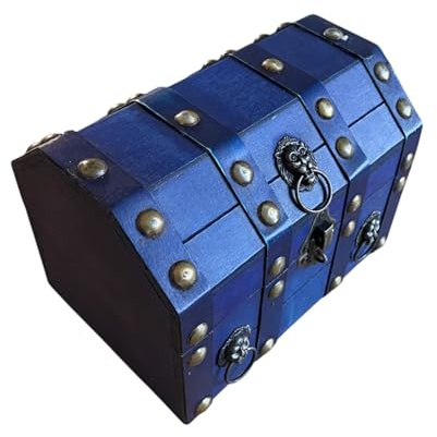 Pirate Treasure Chest - Vintage Memory Box or Keepsake Holder - Lockable Storage Jewellery Box for Keepsakes, Jewelry, and Trinkets - Antique Wooden Pirate Treasure Chest - Kids Gift - Blue
