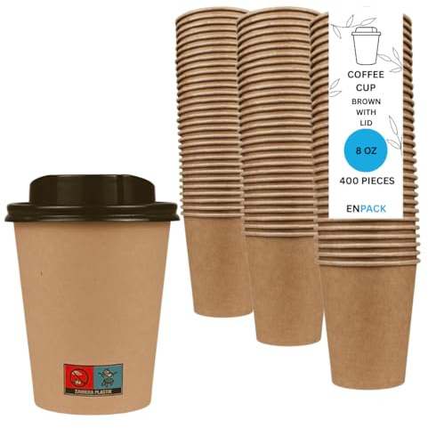 Enpack 400 Kaffeebecher braun mit Deckel 80mm - einweg kaffeetassen mit 200ml/8oz Füllmenge - Hitzebeständige to Go Becher - Recycelbare cafe to go becher für Kaffee/Tee/Kakao -Kraftpapier