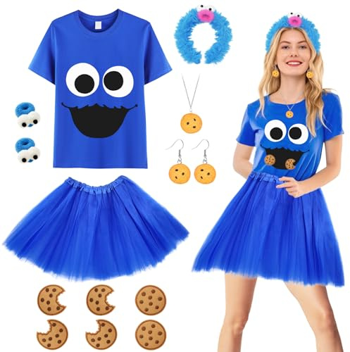 13 Stück Krümelmonster Kostüm für Damen, Kekse Monster Kostüm Set mit Monster T-Shirt Tüllrock Haarreif Cookie Halskette Ohrringe Kekse Aufkleber für Erwachsene Kinder Halloween Karneval Cosplay