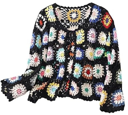 LIUYUYOUGO Cardigan Donna Estivo Cardigan Vintage all'Uncinetto da Donna Stile Granny Square Lavorato A Mano con Bolero Traforato Annodato sul Davanti Corto Boho Giacca Estiva Leggera Maglione in Ma
